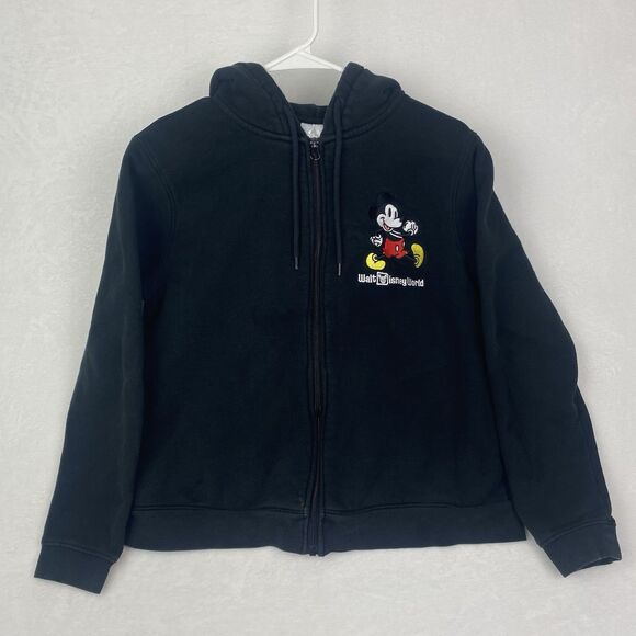Disney Mickey Mouse Zip Up Sweater Adult Large Black Hooded Embroidered Pockets - Picture 1 of 12
